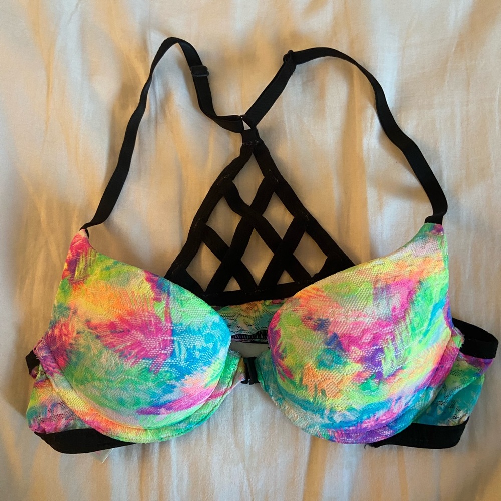 VS PINK Leopard Lace Strappy Back Neon Rainbow Push Up Bra 34A Front Clip